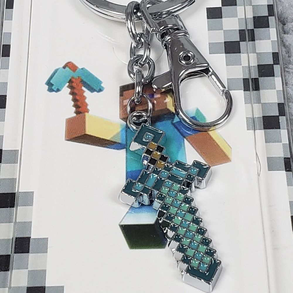 Minecraft Diamond Sword Keychain Metal Blue with Spilt Ring and Lobster Clasp